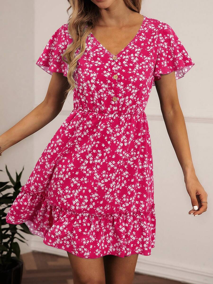 SHEIN LUNE 碎花蝴蝶袖荷葉邊洋裝 - 玫紅色 - 查看 1