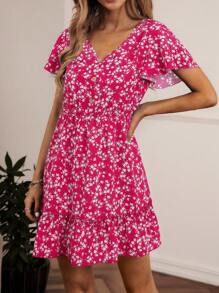 SHEIN LUNE 碎花蝴蝶袖荷葉邊洋裝 - 玫紅色 - 查看 3