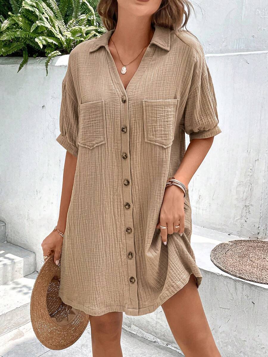 SHEIN LUNE 落肩袖口袋貼布襯衫連衣裙 - 卡其色 - 查看 1