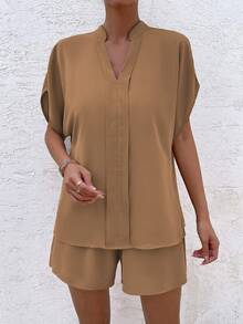 SHEIN LUNE 素色蝙蝠袖襯衫和短褲 - 棕色 - 查看 4