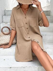 SHEIN LUNE 落肩袖口袋貼布襯衫連衣裙 - 卡其色 - 查看 5