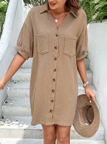 SHEIN LUNE 落肩袖口袋貼布襯衫連衣裙 - 卡其色 - 查看 6