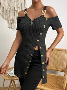 SHEIN Privé Camiseta de hombros descubiertos con botón delantero - Negro - Ver 1