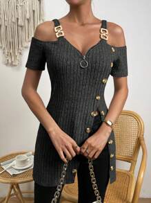 SHEIN Privé Camiseta de hombros descubiertos con botón delantero - Negro - Ver 3
