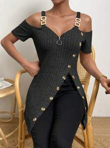 SHEIN Privé Camiseta de hombros descubiertos con botón delantero - Negro - Ver 5