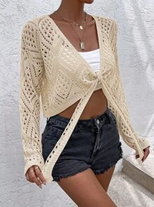 SHEIN VCAY Tie Front Pointelle Knit Crop Cardigan - Apricot - View 5