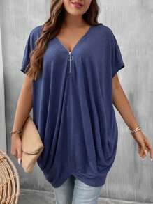 SHEIN LUNE Plus Zip Half Placket Batwing Sleeve Tee - Navy Blue - View 1