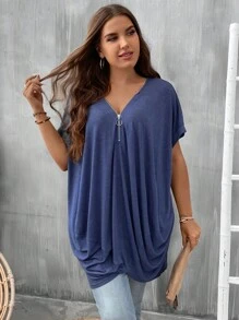 SHEIN LUNE Plus Zip Half Placket Batwing Sleeve Tee - Navy Blue - View 3