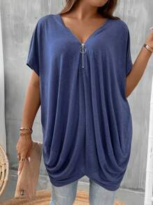 SHEIN LUNE Plus Zip Half Placket Batwing Sleeve Tee - Navy Blue - View 5