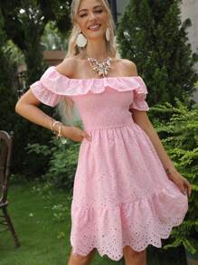 Simplee Off Shoulder Xù Hoa Sen Schiffy Đầm Party - Hồng - Xem 1