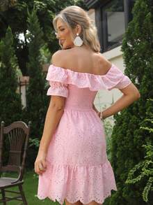 Simplee Off Shoulder Xù Hoa Sen Schiffy Đầm Party - Hồng - Xem 2