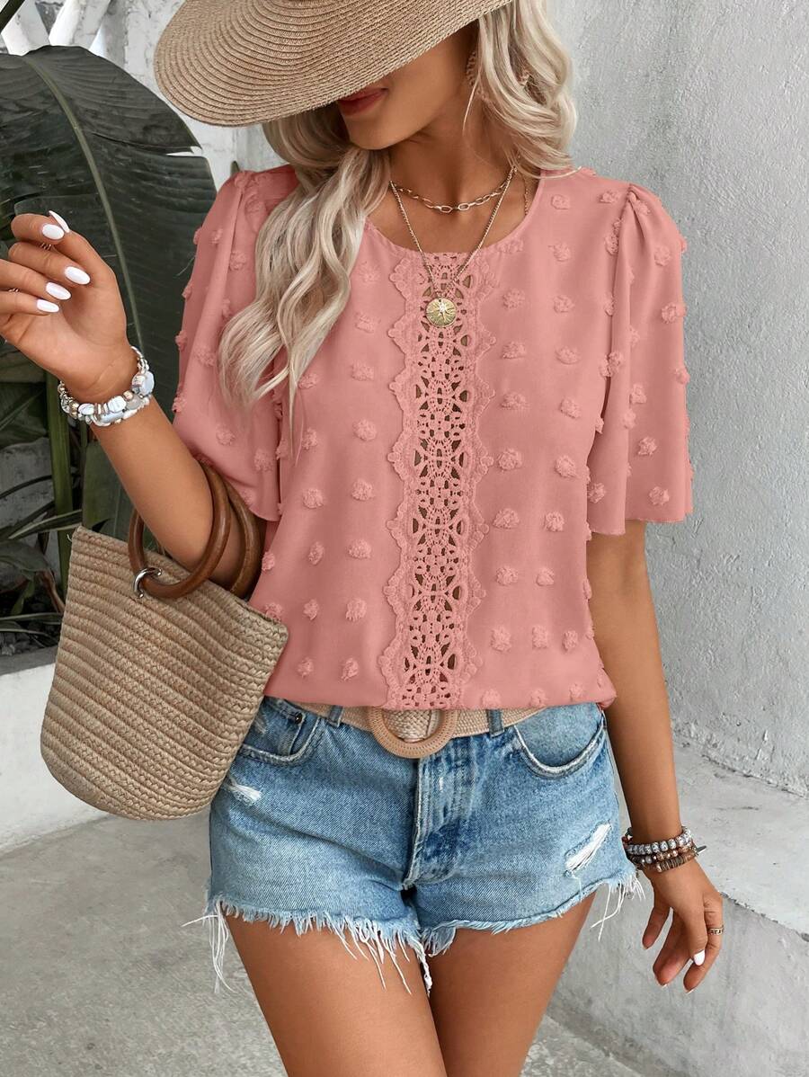 EMERY ROSE Swiss Dot Contrast Lace Puff Sleeve Blouse - Dusty Pink - View 1