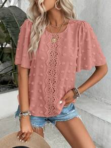 EMERY ROSE Swiss Dot Contrast Lace Puff Sleeve Blouse - Dusty Pink - View 3