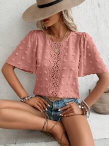EMERY ROSE Swiss Dot Contrast Lace Puff Sleeve Blouse - Dusty Pink - View 4