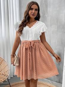 SHEIN LUNE Plus Size Contrast Lace Butterfly Sleeve Belted Dress - Multicolor - View 5