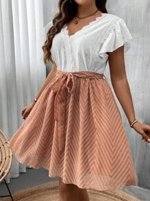 SHEIN LUNE Plus Size Contrast Lace Butterfly Sleeve Belted Dress - Multicolor - View 6