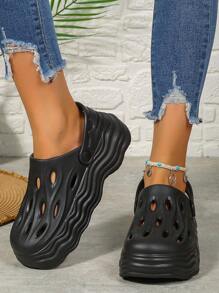 女式鏤空木底鞋，時尚黑色PVC透氣木底鞋，適合室內和室外 - 黑色 - 查看 1