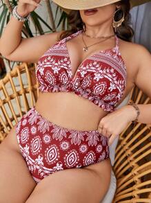 SHEIN Swim Curve Conjunto de bikini de talla grande con estampado de cachemira, ribete de volantes y cuello halter para playa de verano. - Rojo y blanco - Ver 1