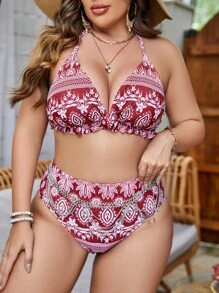 SHEIN Swim Curve Conjunto de bikini de talla grande con estampado de cachemira, ribete de volantes y cuello halter para playa de verano. - Rojo y blanco - Ver 4
