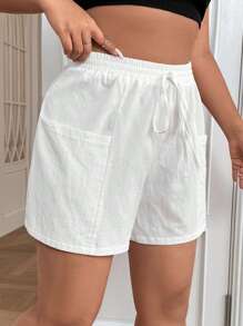 SHEIN EZwear 大碼腰部打結口袋貼布短褲 - 白色 - 查看 3