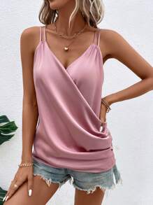 SHEIN Clasi 素色圍裹抽褶細節吊帶上衣 - 藕粉色 - 查看 4