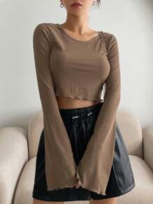 DAZY 纯色生菜边短款T恤长袖女式上衣 - 棕色 - 查看 1