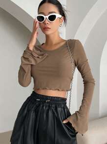 DAZY 纯色生菜边短款T恤长袖女式上衣 - 棕色 - 查看 3