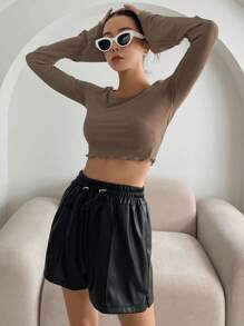 DAZY 纯色生菜边短款T恤长袖女式上衣 - 棕色 - 查看 5