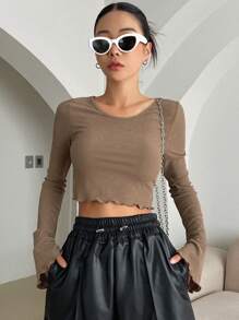 DAZY 纯色生菜边短款T恤长袖女式上衣 - 棕色 - 查看 6