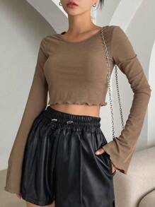 DAZY 纯色生菜边短款T恤长袖女式上衣 - 棕色 - 查看 7