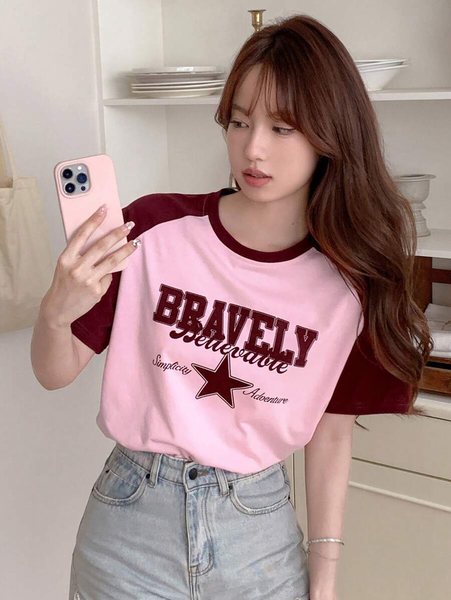DAZY Contrast Raglan Sleeve Letter Graphic Tee - Pink - View 1