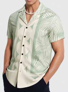 Manfinity Hypemode Men Tropical Print Graphic Colorful Lapel Neck Casual Short Sleeve Shirt, For Boyfriend Gift - Apricot - View 1