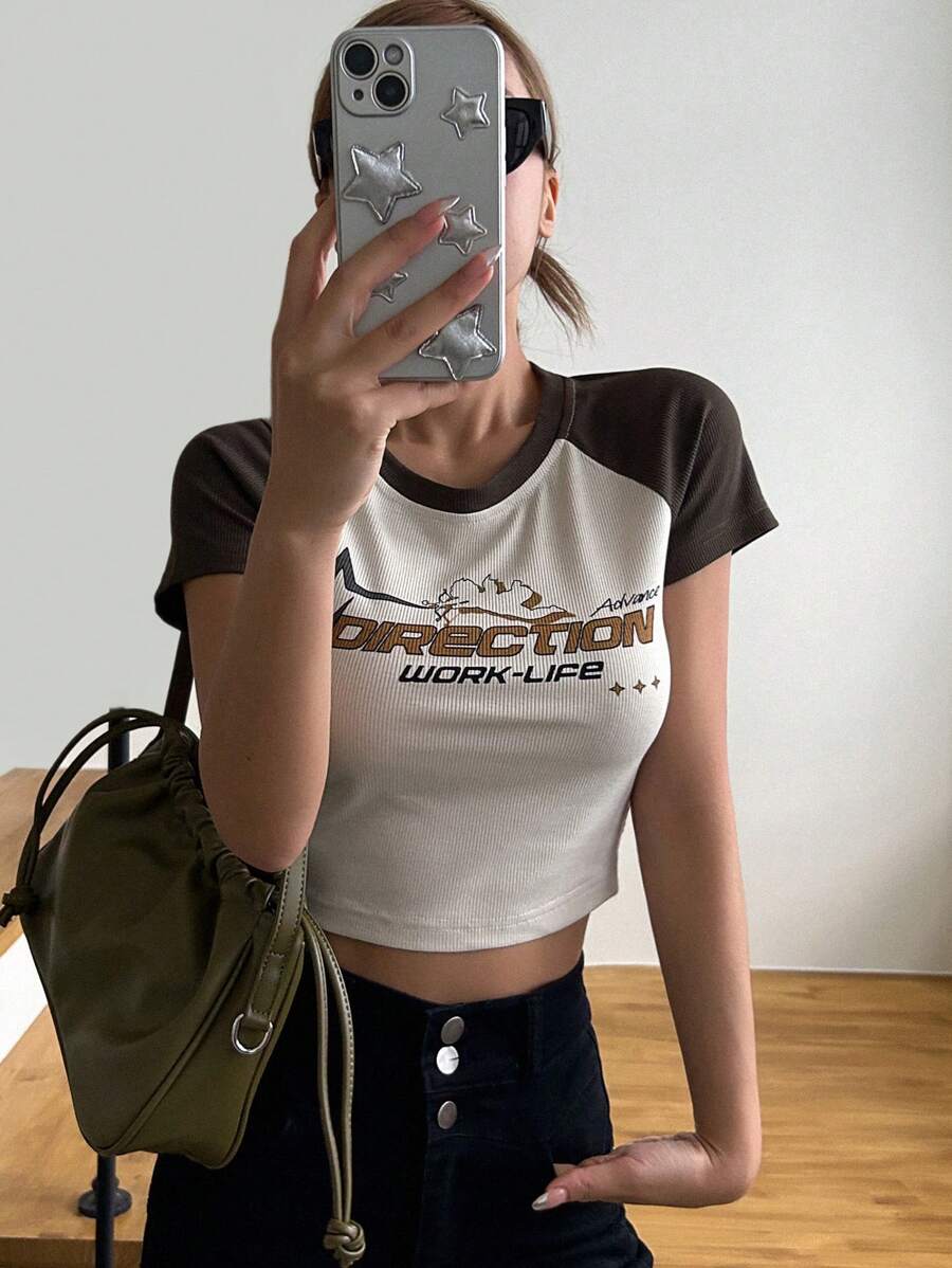 DAZY Letter Graphic Contrast Raglan Sleeve Crop Tee - Apricot - View 1