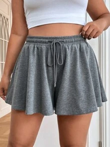 SHEIN EZwear Plus Drawstring Waist Wide Leg Shorts - Grey - View 1