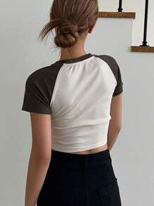 DAZY Letter Graphic Contrast Raglan Sleeve Crop Tee - Apricot - View 2