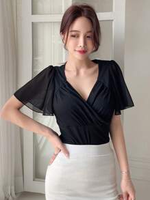 DAZY Solid Surplice Neck Butterfly Sleeve Tee - Black - View 1