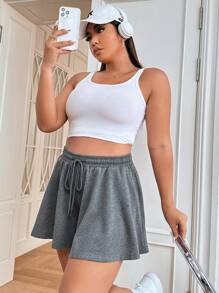 SHEIN EZwear Plus Drawstring Waist Wide Leg Shorts - Grey - View 4