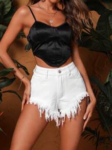 SHEIN ICON Quần short denim nữ Nút Túi Hem thô màu trơn - trắng - Xem 4