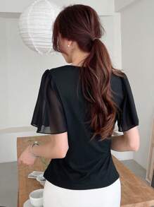 DAZY Solid Surplice Neck Butterfly Sleeve Tee - Black - View 2
