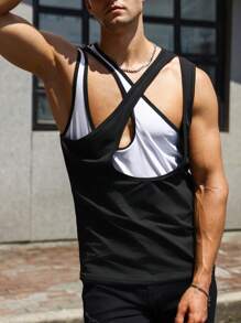 Manfinity Fever City Men Two Tone 2 In 1 Tank Top - Black and White - View 7
