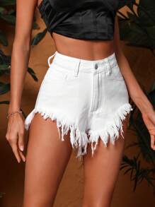 SHEIN ICON Quần short denim nữ Nút Túi Hem thô màu trơn - trắng - Xem 5