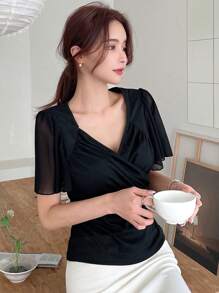 DAZY Solid Surplice Neck Butterfly Sleeve Tee - Black - View 3