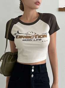 DAZY Letter Graphic Contrast Raglan Sleeve Crop Tee - Apricot - View 5