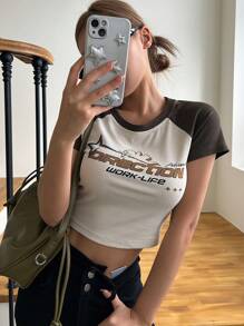 DAZY Letter Graphic Contrast Raglan Sleeve Crop Tee - Apricot - View 6