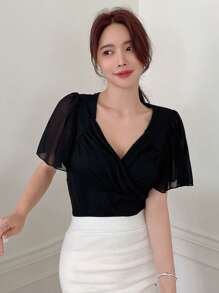 DAZY Solid Surplice Neck Butterfly Sleeve Tee - Black - View 4