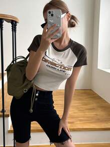 DAZY Letter Graphic Contrast Raglan Sleeve Crop Tee - Apricot - View 7