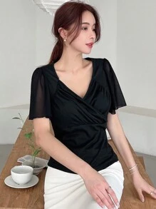 DAZY Solid Surplice Neck Butterfly Sleeve Tee - Black - View 5