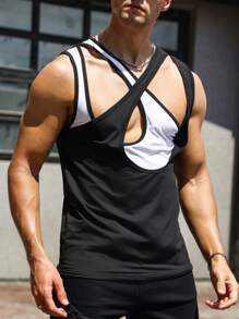 Manfinity Fever City Men Two Tone 2 In 1 Tank Top - Black and White - View 8