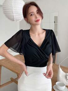 DAZY Solid Surplice Neck Butterfly Sleeve Tee - Black - View 6