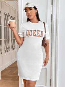 SHEIN EZwear 大碼字母圖案緊身連衣裙 - 白色 - 查看 1